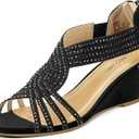 PIZZ ANNU Women's Diana Low Wedge Sandals Sparkly Rhinestone Open Toe Fashion Dress Shoes for Woman Lady in Bridal Dance Evening (Black, 9)