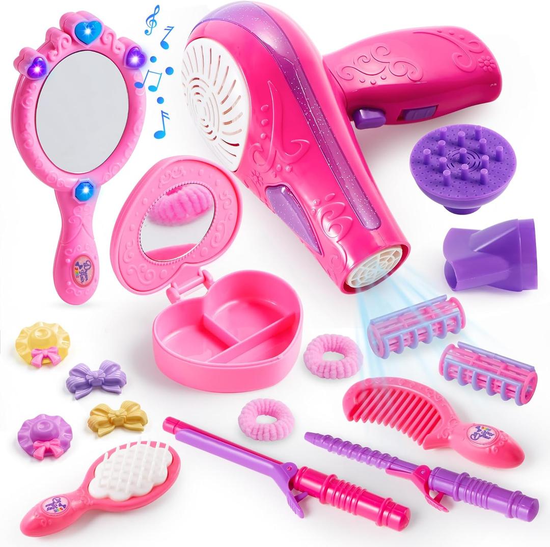 JOYIN 17Pcs Girls Beauty Salon Set, Pretend Role Play Doll Hair Stylist Toy Kit with Hairdryer, Mirror, Curling Iron and Other Accessories for Kids Toddler Fashion Cutting Makeup Party Favor