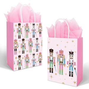 JarThenaAMCS 16 Pcs Christmas Paper Gift Bag Pink Nutcracker Treat Bags with Handles Tissue Paper Candy Goodie Bags for Xmas Winter Party Favors Supplies