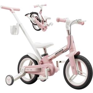 lecoco Toddler Bike with Push Handle 6 in 1 for Kids, Balance Bicycle Toys with Training Wheels, Brackes, Cup Holder, Pedal, Kickstand Birthday Gift for Boys and Girls (Upgraded) (Unicorn Pink)