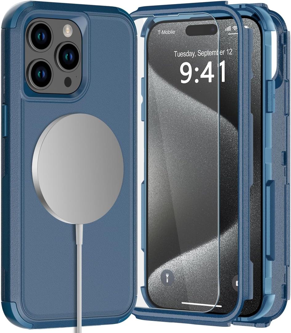 Diverbox for iPhone 15 Pro Max Phone Case,iPhone 15 Pro Max Magnetic Case [with Tempered Glass Screen Protector] Heavy Duty Phone Case for iPhone 15 Pro Max Case (Blue)