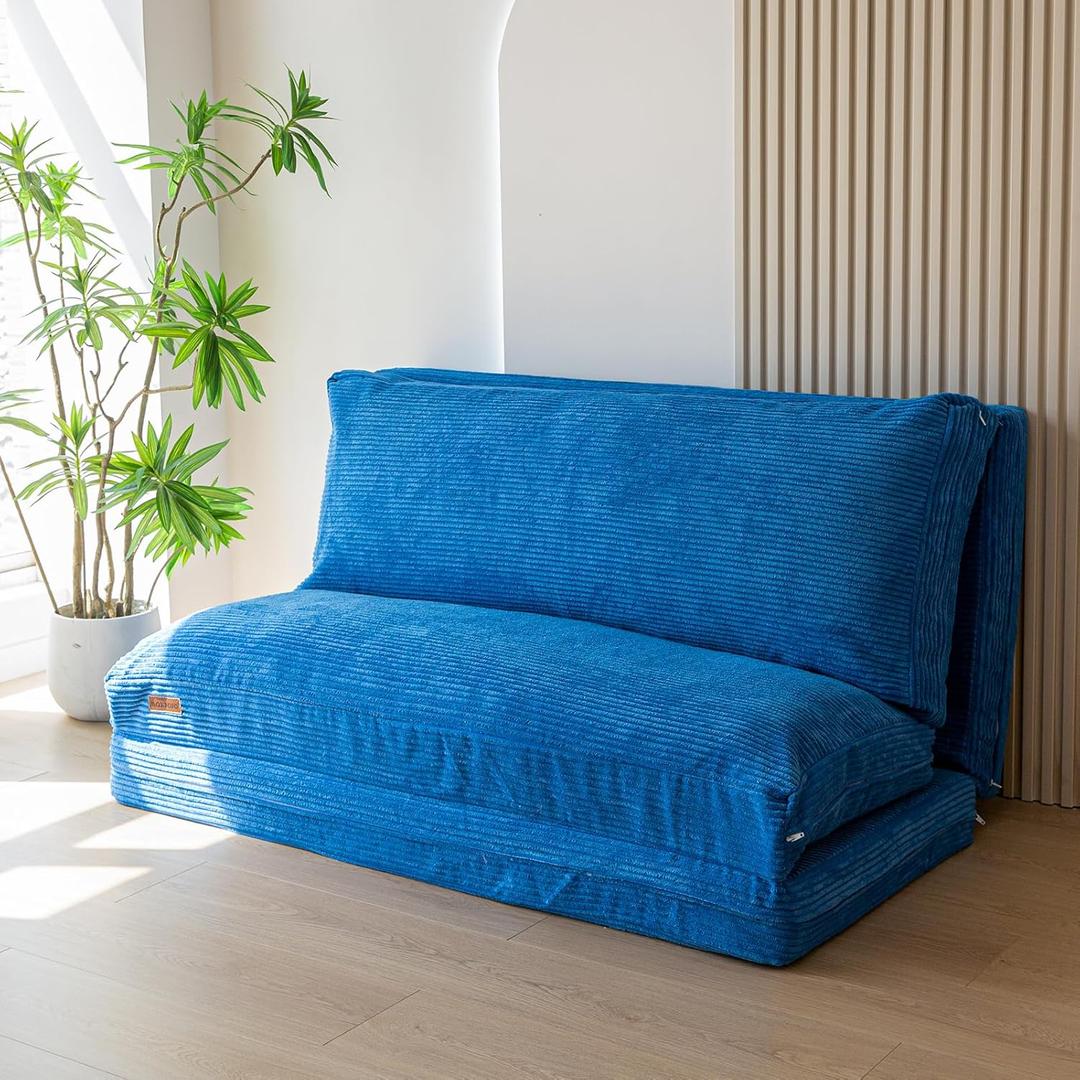 MAXYOYO Bean Bag Bed Folding Sofa Bed Floor Mattress for Adults, Extra Thick and Long Floor Sofa with Corded Washable Cover, Blue (Twin 39x95 Inch)