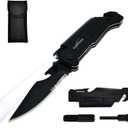 ALBATROSS 6-in-1 Survival Tactical Military Folding Pocket Knives with LED Light,Seatbelt Cutter,Glass Breaker,Magnesium Fire Starter,Bottle Opener;Multi-Function Emergency Tool(Black)