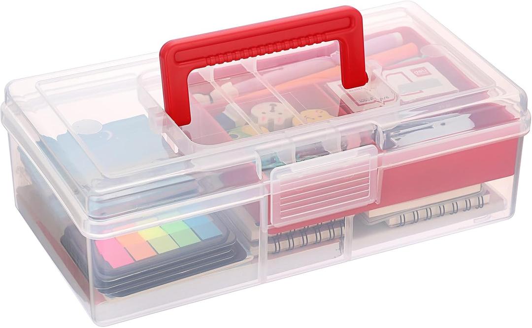 JUXYES Plastic Fishing Tackle Box Organizer with Removable Dividers, Clear Fishing Tackle Storage Boxes with Handle, 2 Layer Fishing Tackle Tray Box Lure Box, Red