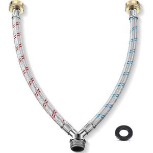 Dreyoo Hose Y Connector, 1 Ft Washing Machine Y Hose Split Stainless Steel, 3/4 Inch Brass Fittings, Hot and Cold Color Coded for Washing Machine Outdoor Faucets(1 Pcs)