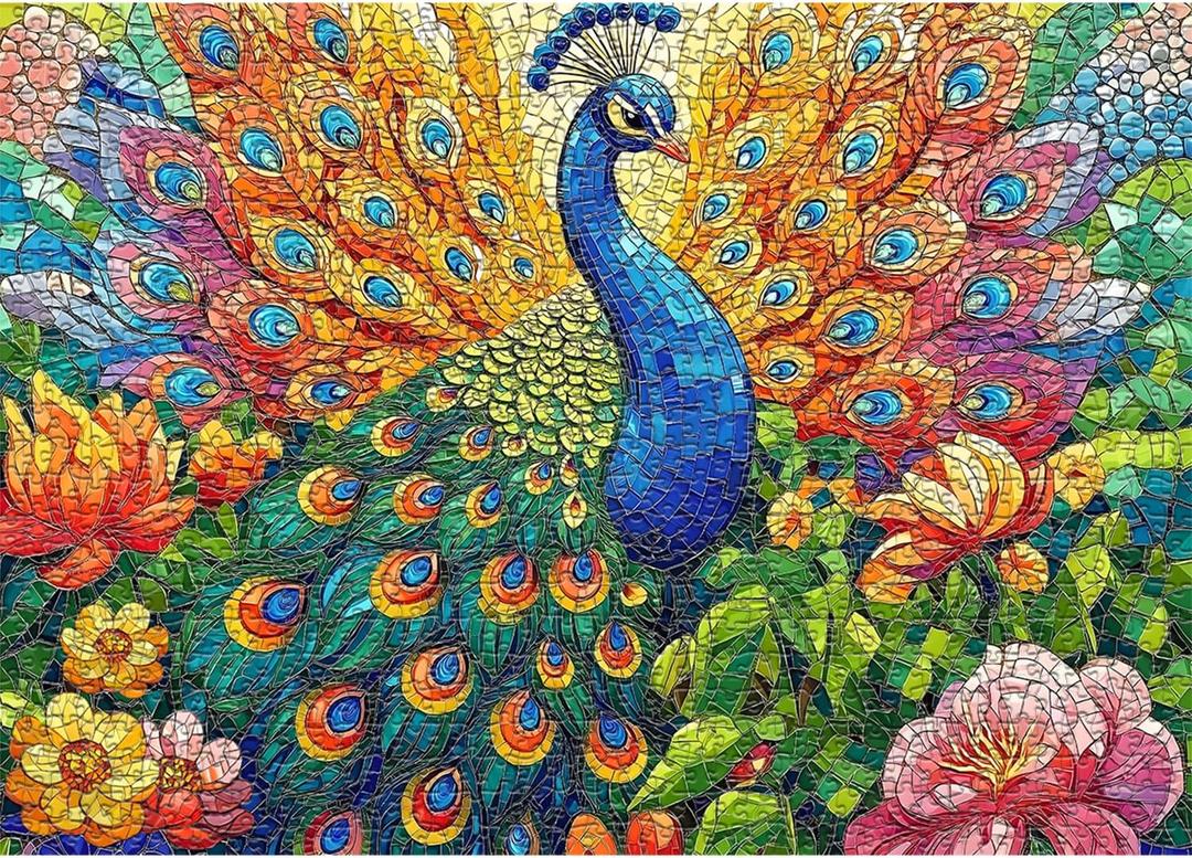 Stained Glass Peacock Puzzles for Adults 1000 PiecesMosaic Bird Peacock Garden Flower Jigsaw Puzzle ArtColorful Impossible Hard Challenge for Adults