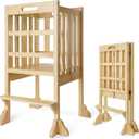 Foldable Toddler Learning Standing Tower, WOOD CITY Montessori Kitchen Step Stool Ideal Helper with 3 Adjustable Heights for Learning New Skills (Natural)