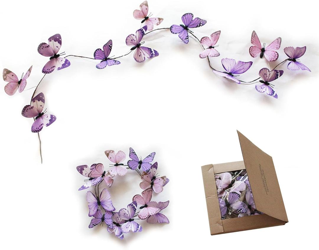Artificial Butterfly Garland, Fake Butterfly Decorative Vines, DIY 3D Unique Butterfly Hanging Decor for Home Wall Easter Spring Flowers Party Wedding Arch Shopping (Light Purple)