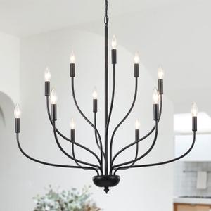 12-Lights Black Farmhouse Chandelier for Dining Room, 34 Inch Large Chandeliers for High Ceilings Foyer Modern Pendant Light Fixture for Living Room Entryway Hallway Kitchen Island E12