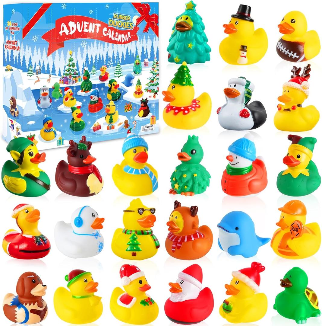 2025 Advent Calendar Christmas Ducks - 24pcs Rubber Duck Vacation Advent Calendar 24 Days of Christmas Countdown Toys Fun Duck Bath Toy for Xmas Party Favors Kids Toddlers Girls Boys (Yellow)