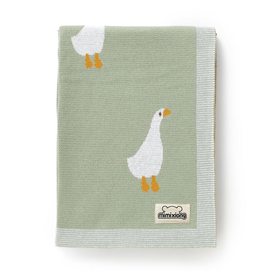 Mimixiong Baby Blanket Knit Receiving Boys Girls Blanket Soft Cotton Neutral Blanke for Swaddle Crib Stroller with Cute Goose (30x40 Inch (Pack of 1), Goose-Sage Green)