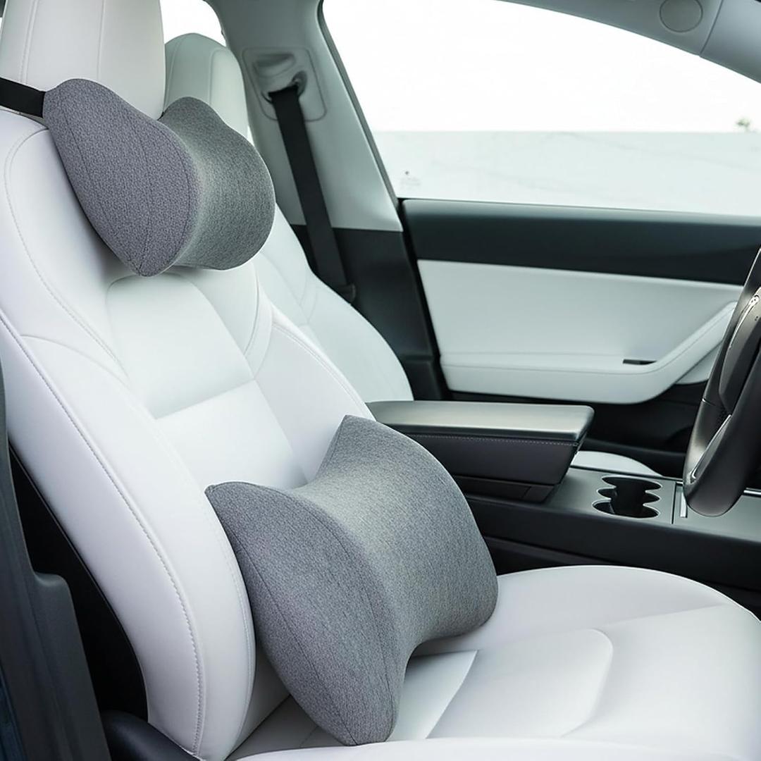 Lumbar Support Pillow for Car, Car Neck Pillow Kit for Pain Relief with Adjustable Strap, Car Headrest Pillow Ergonomic Design for Comfort (Grey)