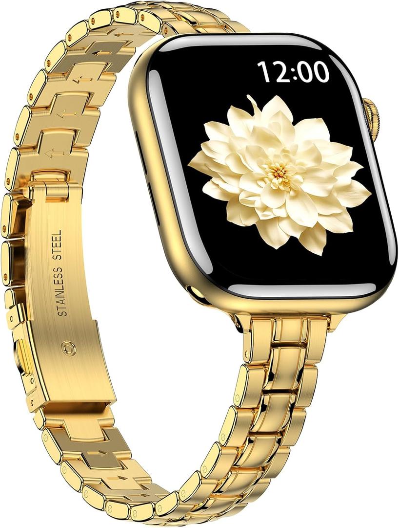 Narrow Metal Band Compatible with Apple Watch Bands 38mm 40mm 41mm 42mm 44mm 45mm 46mm 49mm (Series 11 10 9 8 7 6 5 4 3 2 1 SE Ultra), Dressy Thin Stainless Steel iWatch Bands for Women (Gold)
