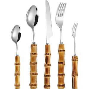 60-piece bamboo silverware set, 18/8 stainless steel flatware set for 12, bamboo handle forks and spoons sets, cutlery utensils set for home kitchen reusable,suggest hand washing