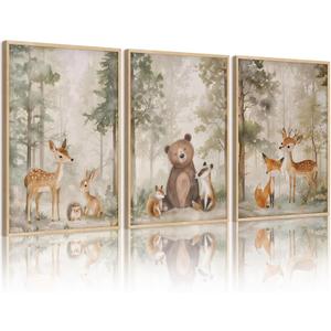 Tocliky Woodland Nursery Wall Art Decor Animal Forest Canvas Prints Baby Boy Room Wall Decor Bear Nursery Nature Pictures Deer Prints Artwork for Boy Girl Kids Bedroom 16x24 Inch Unframed Set of 3