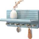 Rebee Vision Pine Wood Key Holder Wall Mount for Room Accessories Decorative Key Holder for Wall with 6 Hooks & Floating Shelf Rustic Wall Organizer for Home Decor Aesthetic (Blue)