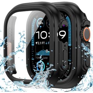 Goton Waterproof Case Compatible for Apple Watch Ultra 3/2/1 Screen Protector 49mm, Hard Bumper with Tempered Glass for iWatch Cover 49 mm (Black)
