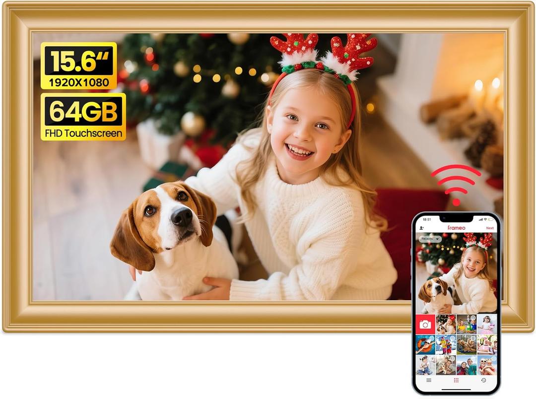 64GB 15.6" Frameo Digital Picture Frame WiFi, Large Electronic Photo Frames Golden 1920 x 1080 IPS FHD Touch Screen, Send Photos from Your Phone from Anywhere, Best Gifts for Family and Friends
