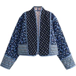 Wyeysyt Women's Cropped Puffer Quilted Jacket Cardigan Floral Printed Lightweight Long Sleeve Open Front Short Padded Coats (Medium, Black)