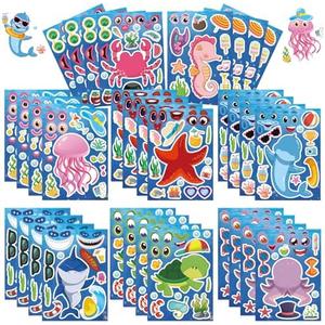 Jovial & Joyful 32 Sheets Sea Animals Make Your Own Stickers, Make a Face Sticker Sheets for Kids, Octonauts Birthday Party Supplies, Under the Sea Party Favors, Return Gifts for Birthday Party , Pack of 13