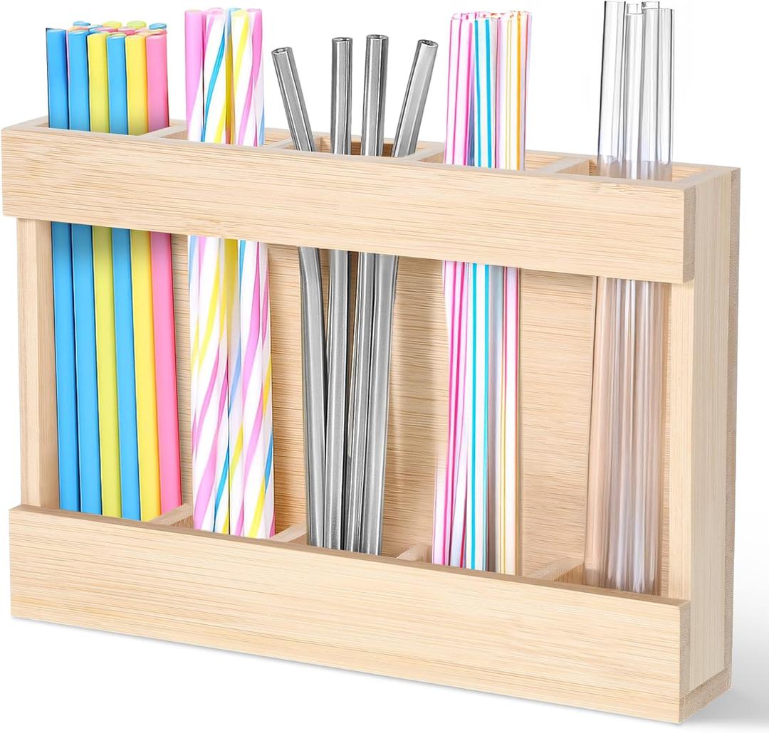 Wooden Cabinet Door Straw Holder, Reusable Straw Dispenser Space-Saving Drinking Straws Organizer for Cabinet Door Kitchen Cupboard Countertop Storage, Adhesive No Drill Installation