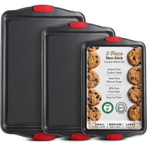 Baking Sheet Set, 3-Piece Cookie Sheet Set with Silicone Handles, Steel Baking Pans Set, Durable Baking Sheets for Oven, BPA Free Cookie Sheets for Baking Nonstick Set, Sheet Pan - Black Baking Pan