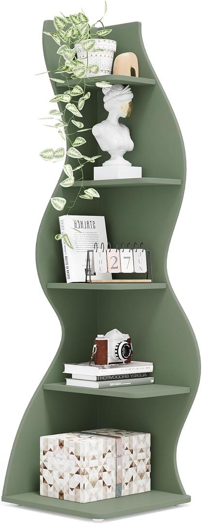 Tribesigns Corner Shelf, Modern 5-Tier Wall Corner Bookshelf, Stylish Corner Small Bookcase Storage Rack Plant Stand with Unique Shape for Living Room, Home Office (Sage Green, 1PC)
