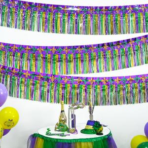 Mega-L Mardi Gras Decorations 2 Pack 39Ft Foil Fringe Garland Tinsel Streamers, Green Gold Purple Iris Pattern Metallic Hanging Backdrop Banner Table Skirts for Carnival Birthday Party Parade Floats