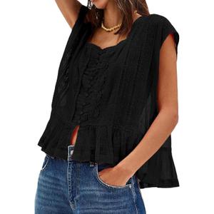 Women Y2k Semi Sheer Blouse Shirt Lace Trim Button Down Short Sleeve Round Neck Casual Going Out Tops Streetwear (Black, L)