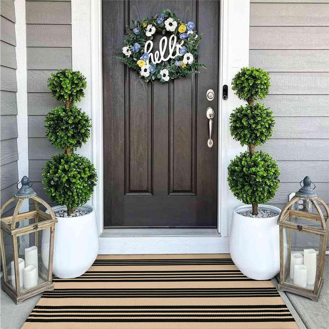 OJIA Outdoor Door Mat 27.5"x43", Black and Tan Outdoor Rugs Cotton Hand-Woven Front Door Rug Machine Washable Door Mats Striped Entry Rug for Front Porch/Farmhouse/Kitchen/Entryway