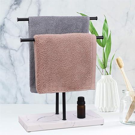 LKKL Hand Towel Holder - Double T Hand Towel Holder for Bathroom - Countertop Towel Stand Free Standing Towel Rack Bathroom Towel Hanging Rack with Resin Tray Base(Black/White)