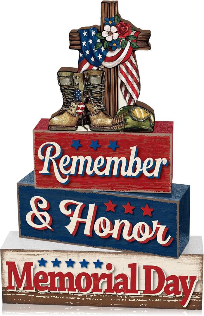 Yuntau 4 Pcs Memorial Day Table Decor Patriotic 4th of July Tiered Tray Decor Remember Honor Our Heroes Wooden Sign Red White Blue Table Centerpiece for Home Office Desk 250th Anniversary Decorations
