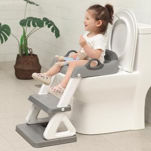 Potty Training Toilet Seat with Step Stool Ladder for Boys and Girls, 2 in 1 Potty Training Toilet, Splash Guard Anti-Slip Pad Step StoolGray-White) Pedal Upgrade