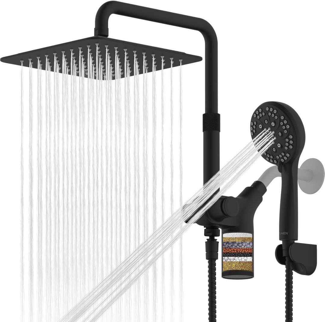 Ryamen Upgraded Dual Shower Heads Combo, 10 inch Filtered Shower Head with Handheld, 3-Way Rain Shower Head with Filters, 7 Settings Handheld Spray, High Pressure, Height Adjustable (Black)