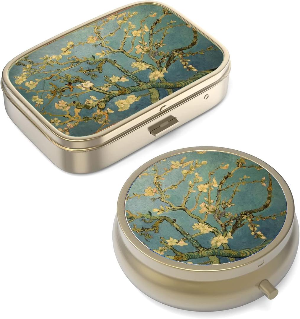 Pill Case Pill Box with Mirror Retro Small Pill Case for Purse or Pocket Bronze Pill Box or Vitamins, Fish Oil, Supplements, Pill Containe Travel Gifts2PCS (Vangogh Art)