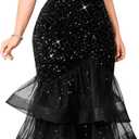 Women Sexy Sleeveless Sequin Mesh Patchwork Maxi Dress Red Plus Size Sling Cocktail Party Formal Gowns (Large, Black)