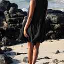 OPCAKM Women's V Neck Sleeveless Mini Dress Loose Summer Pleated Swing Flowy Sundress (Black, S)