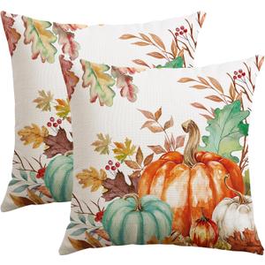 3 x Artscope Fall Decorative Throw Pillow Covers 18x18 Inch Set of 2, Watercolor Pumpkin Fallen Leaves Outdoor Farmhouse Pillow Cases for Home Sofa Couch-Green Orange