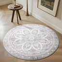 Carvapet Vintage Round Rugs 36 inch/91 cm - Circle Rug Washable Non Slip Rubber Backing Foldable Low Pile for Living Room Bedroom, 3ft Grey Rug
