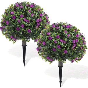 Yunlly 2 Pack Artificial Boxwood Topiary Ball Tree with Faux Rose Bush 18 Inch Outdoor Faux Topiary Shrub with Ground Spike, UV Resistance Fake Plant for Garden Porch Patio Indoor (Light Purple)