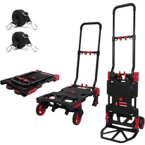Folding Hand Truck 330lbs Capacity Heavy Duty Dolly Cart with 2 Elastic Bungee Rope,4 Rubber Wheels,Retractable Handle,Convertible Portable Cart Luggage,Travel,Moving,Shopping,Office Use.