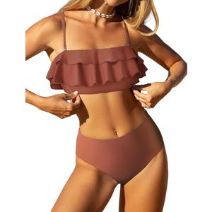 ZAFUL Layered Ruffle Bikini for Women High Waisted Bikini Sets Spaghetti Bandeau Swimsuits Padded Bathing Suit (Small, Soliddust Pink)