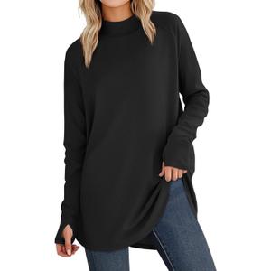 JUSTFASHIONNOW Tunic Tops for Women Casual Long Sleeve Turtle Neck Shirts Thumb Hole Curved Hem Tops Fall Fashion (Black, S)
