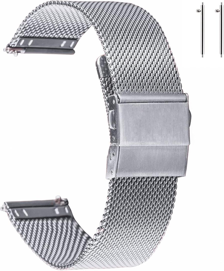 EACHE Stainless Steel Mesh Watch Band for Men Women, Quick Release Mesh Watch Straps 12mm 14mm 16mm 18mm 20mm 22mm (Silver)