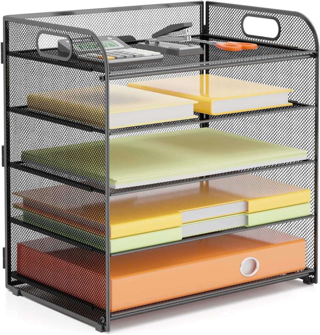 VIEERINN 5 Tier Paper Letter Tray Organizer with Handles, Mesh Desk File Organizer Metal Paper Sorter Holder, Desktop Document Shelf Tray Storage Organization for Office School Home, Black 