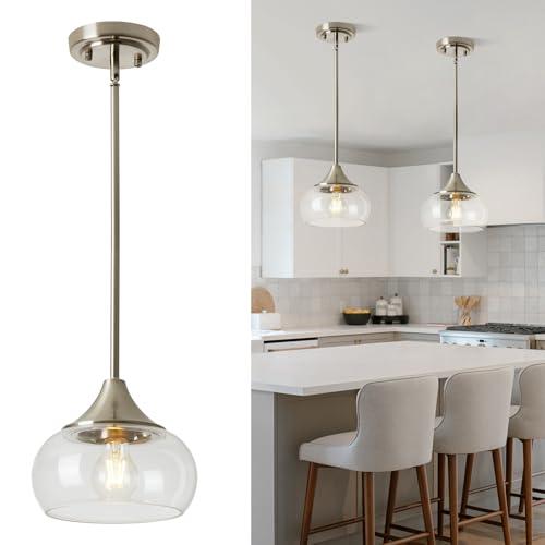 Modern Pendant Lights for Kitchen Island, Brushed Nickel Pendant Light Fixtures with 8.5" Clear Glass Shade, Industrial Hanging Pendant Lights Fixture for Kitchen Island Dining Room Entryway 1 Pack