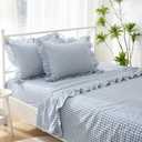 Dust Blue White Plaid Ruffle Sheets King Size 4-Piece Set, 300TC 100% Yarn Dyed Cotton Sheets 18 in Deep Pocket Classic Gingham Decorative Bedding (Dust Blue/White Plaid, King)