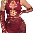 Avidlove Fishnet Lingerie Womens Mesh Chemise One Piece Babydoll Mini Dress Lace Sparkle Rhinestone Lingeries for Women (Dark Red, One Size)