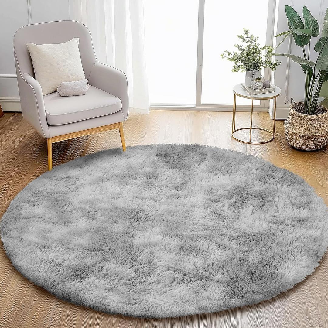 Round Rug for Bedroom, 5'x5' Fluffy Circle Area Rugs for Kids Room, Soft Shaggy Circular Carpet for Nursery Living Room, Non-Slip Home Decor Rug for Teen's Room, Tie-Dye Light Grey