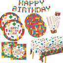 Building Block Party Supplies Paper Plates Napkins Cups Tablecloth Banner for Colorful Building Block Birthday Party Decorations for Boys, Kids Birthday Party Decorations Serve 25
